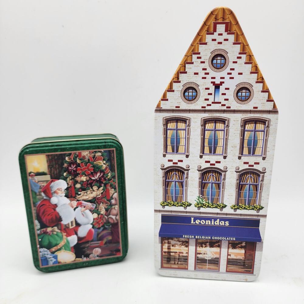 Bundle of Tin Boxes w/Lids Santa Holiday Leonidas Tin House Cottage Rustic Decor